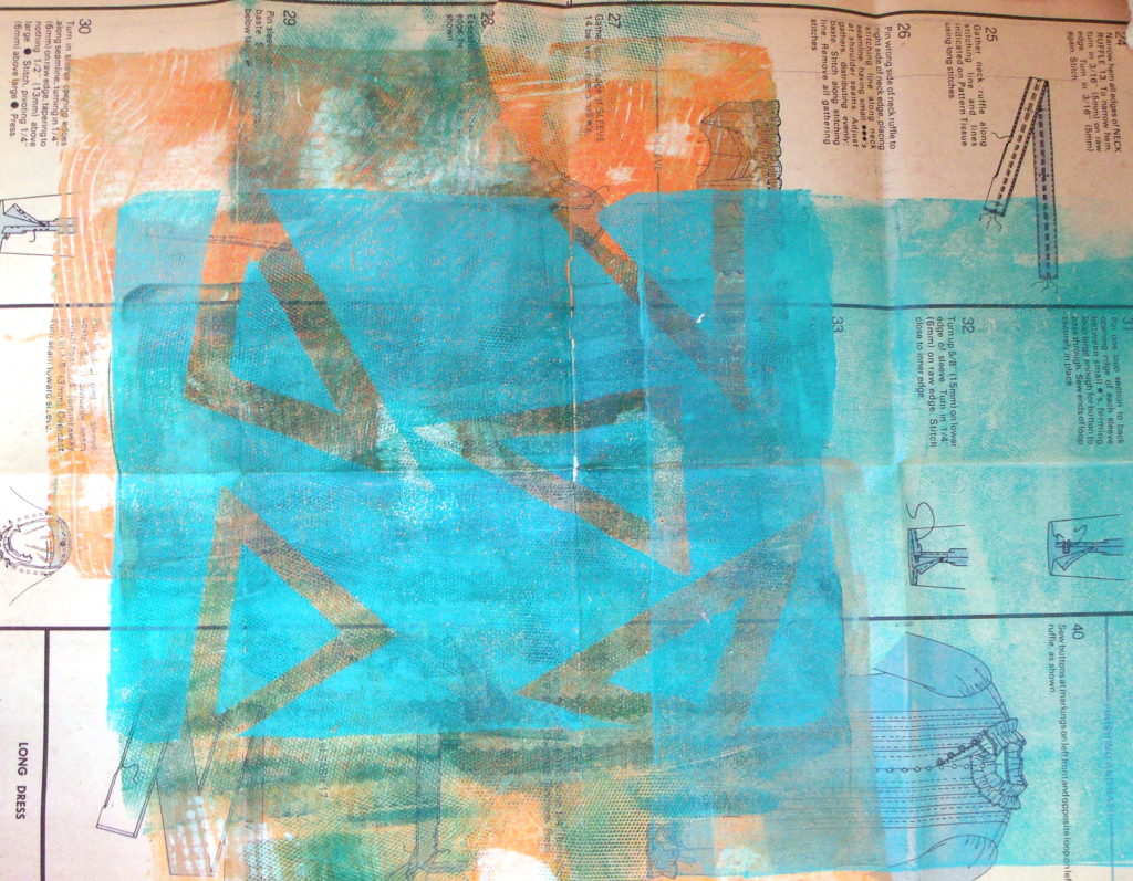 100DayProject, days 5-15, monoprint over sewing pattern instruction sheet