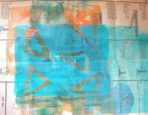 100DayProject, days 5-15, monoprint over sewing pattern instruction sheet