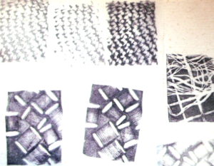 100DayProject, days 5-15 - magic stamps embossed with wooden thread spools, crocheted fabric and string over a grid pattern