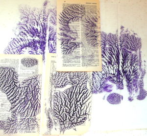 100DayProject, days 5-15 - dendritic monoprints, dioxazine purple acrylic on dictionary pages and deli paper