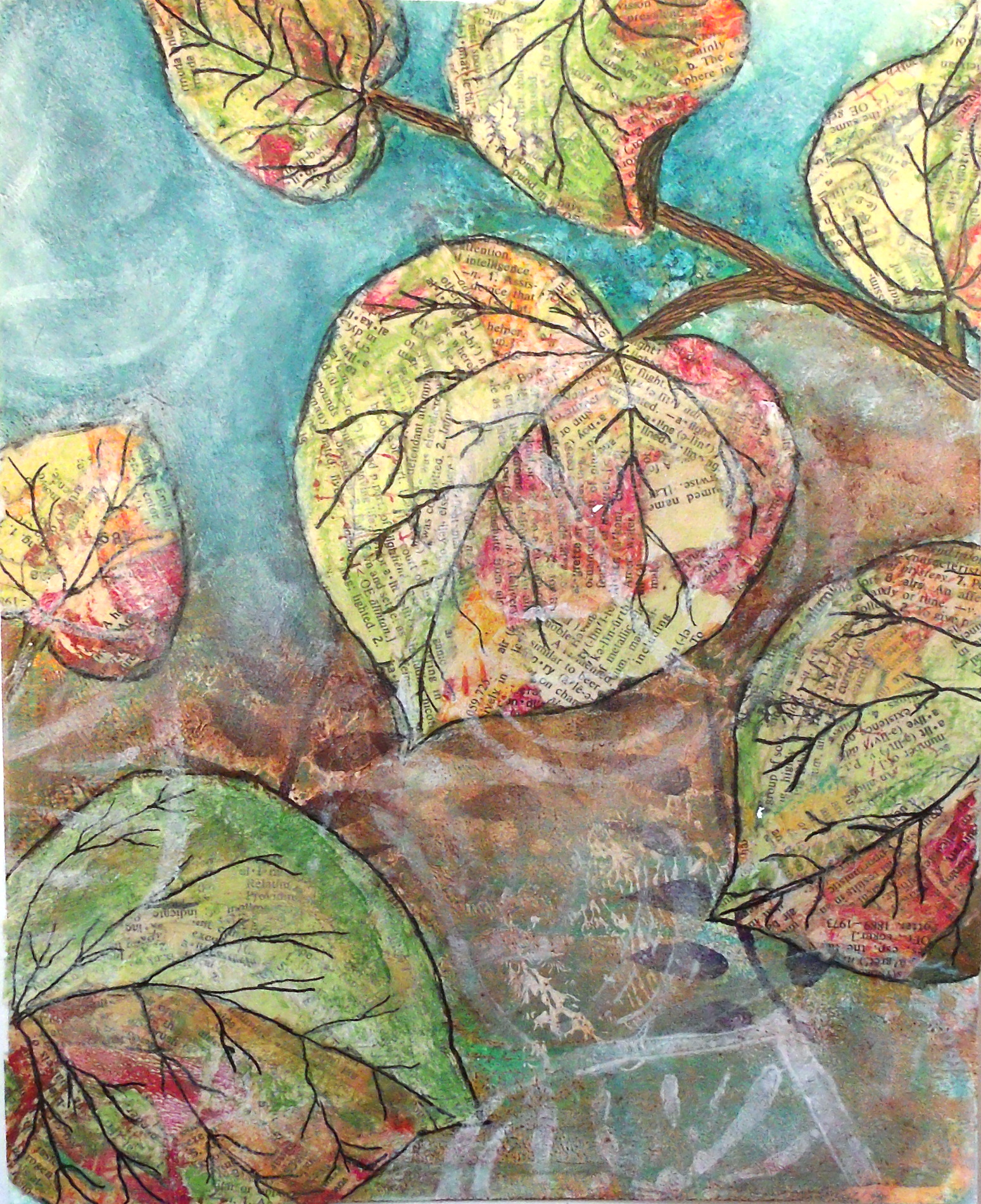 Torn paper collage - redbud leaves