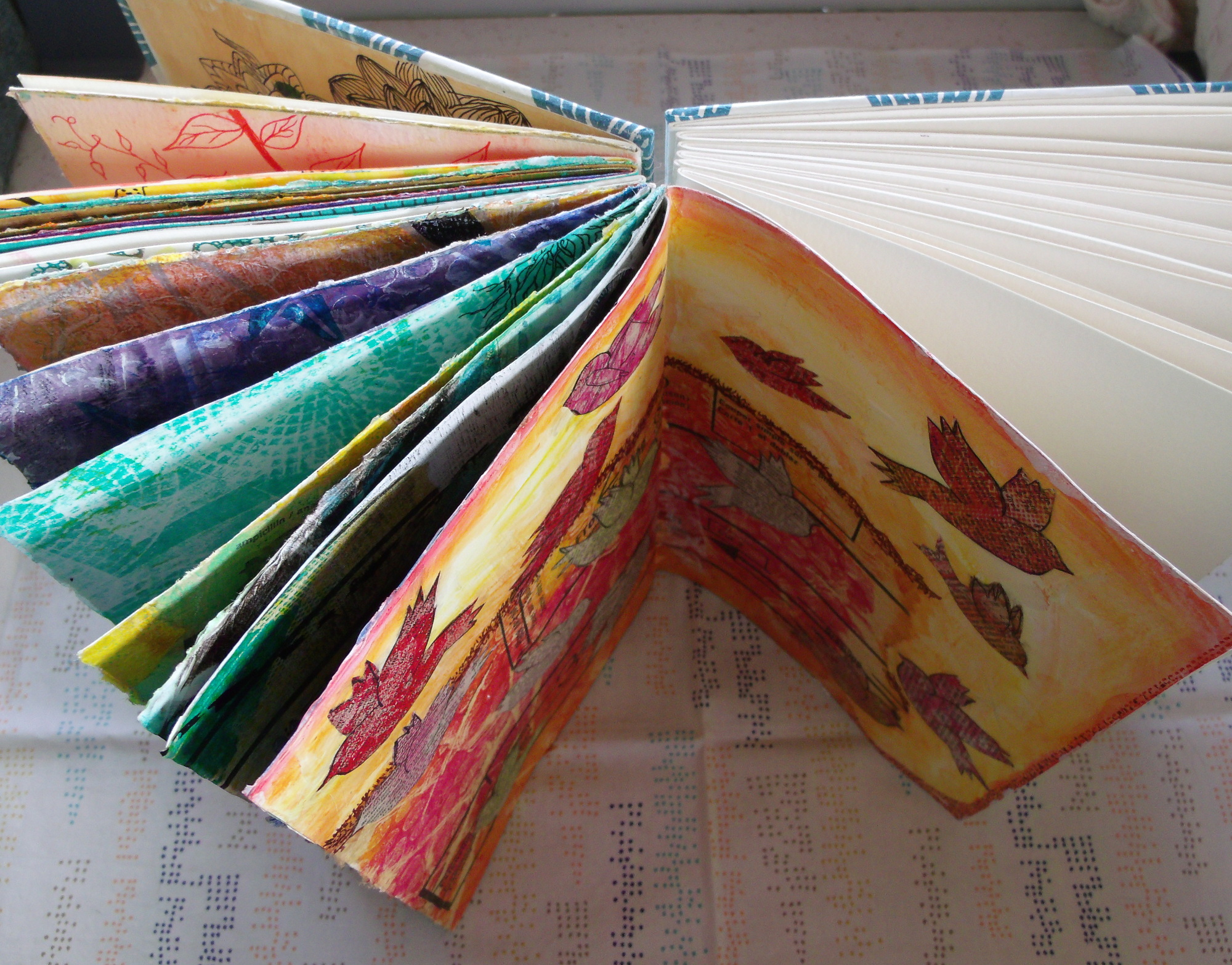 Coptic-stitch handbound art journal, half filled
